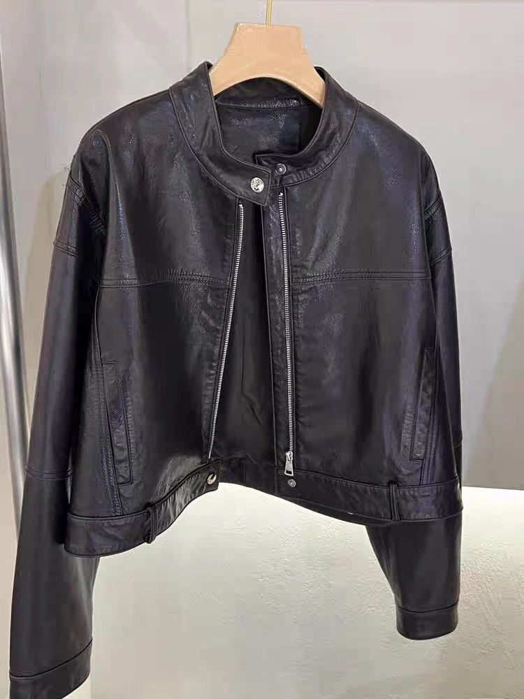 大胡子25年春季新款宽松型皮衣真皮外套上衣春秋韩版立领9917