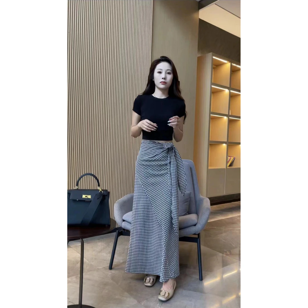 【梦婷家】法式高腰时尚气质格纹系带半身裙 -2463