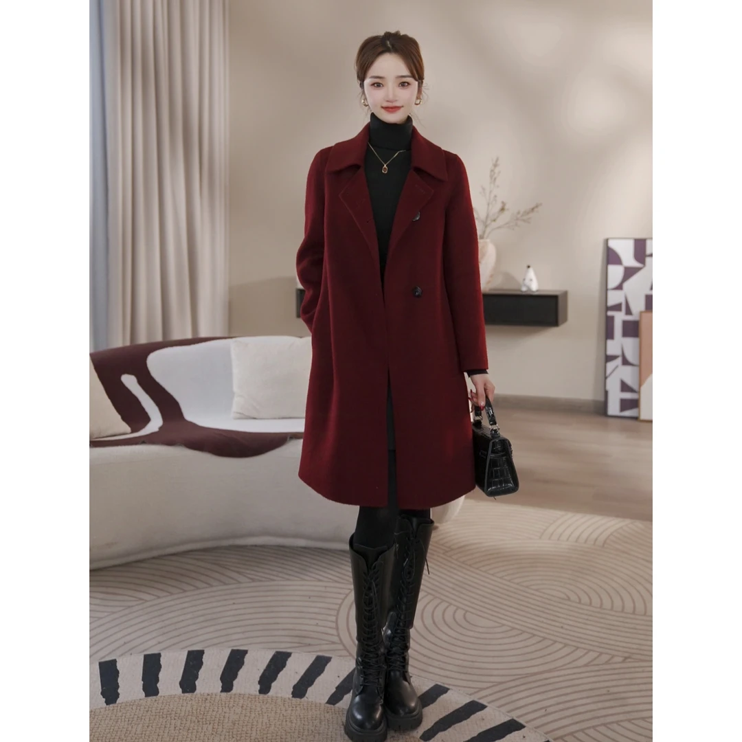 曼贝女装安哥拉红秋冬新款高端百搭时尚双面羊毛大衣 8484256佳莹