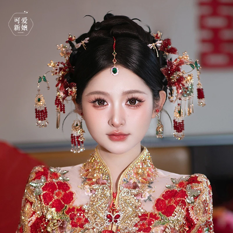 中式秀禾头饰红金水凝花朵发簪新娘结婚古典高级感重工发饰HZ1241