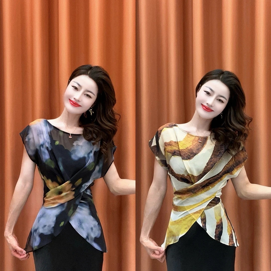 【海岸风情】2025夏新款时尚印花交叉绑带超薄微透网纱燕尾衬衫上衣