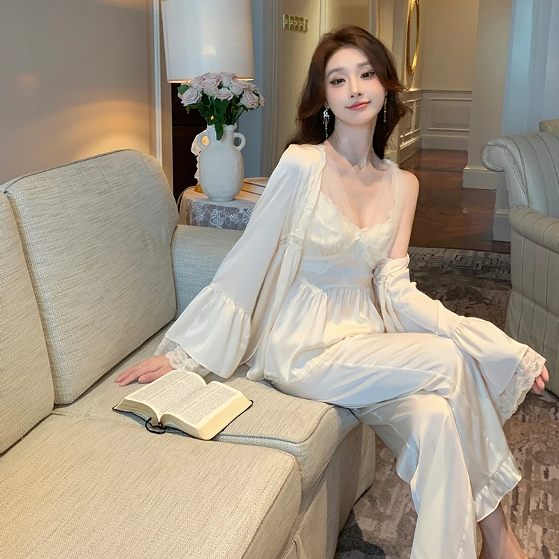 查理夫人【羽茵】设计感丝滑长袖女士家居服性感显瘦春夏多件套睡衣