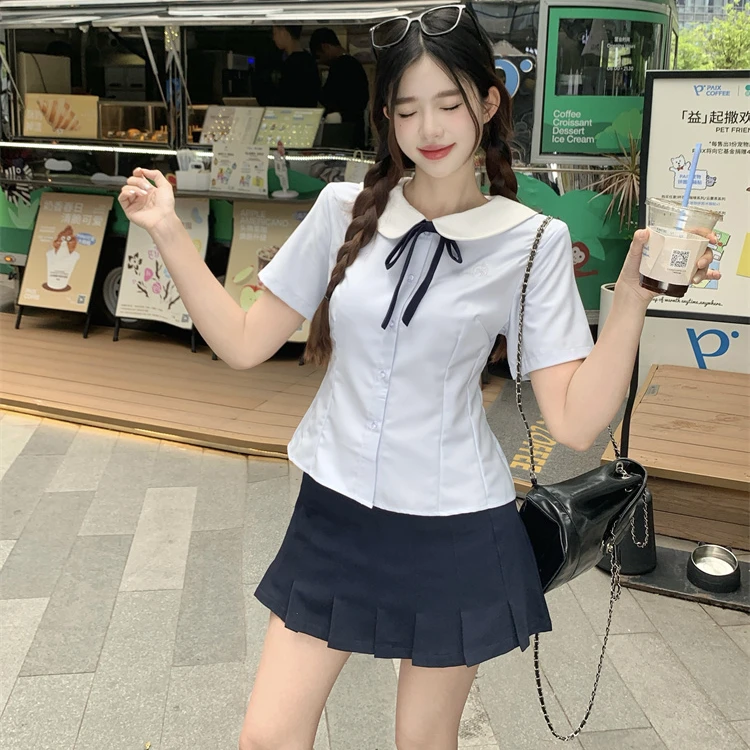 大码胖mm学院风jk套装女减龄收腰短袖衬衫夏季高腰a字百褶半身裙