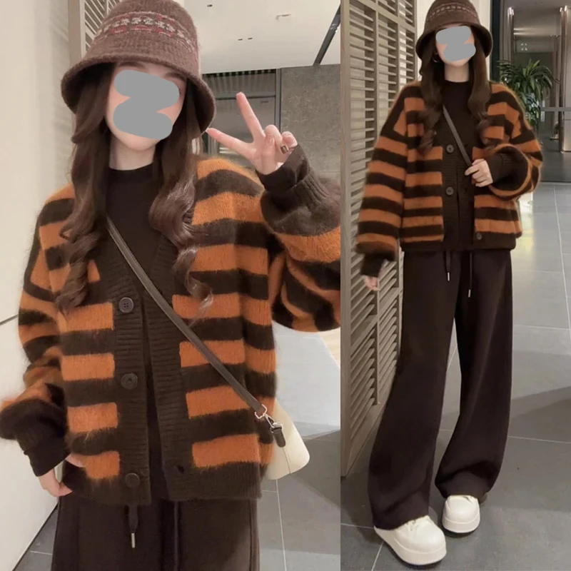 复古港风气质松弛感宽松针织开衫外搭V领条纹毛衣外套