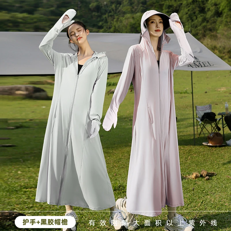 黑胶帽檐护手防晒衣女夏季大长款全身防紫外线户外骑行薄款防晒服