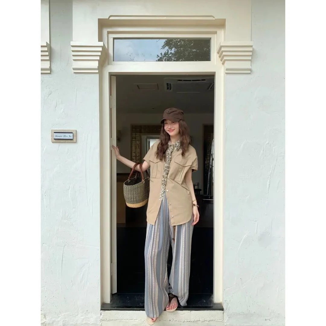 2025夏季新款小众设计感洋气减龄卡其色工装衬衫上衣女百搭休闲裤