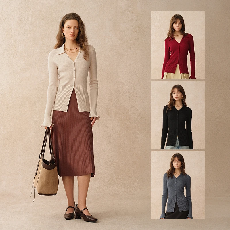 Fabrique Katia【四色】绵羊毛扬子纱波浪袖口法式修身针织上衣开衫