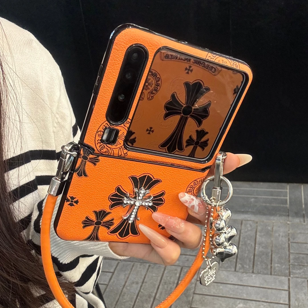 适用华为purax典藏版折叠屏手机壳pocket2橙色皮纹立体十字架手绳