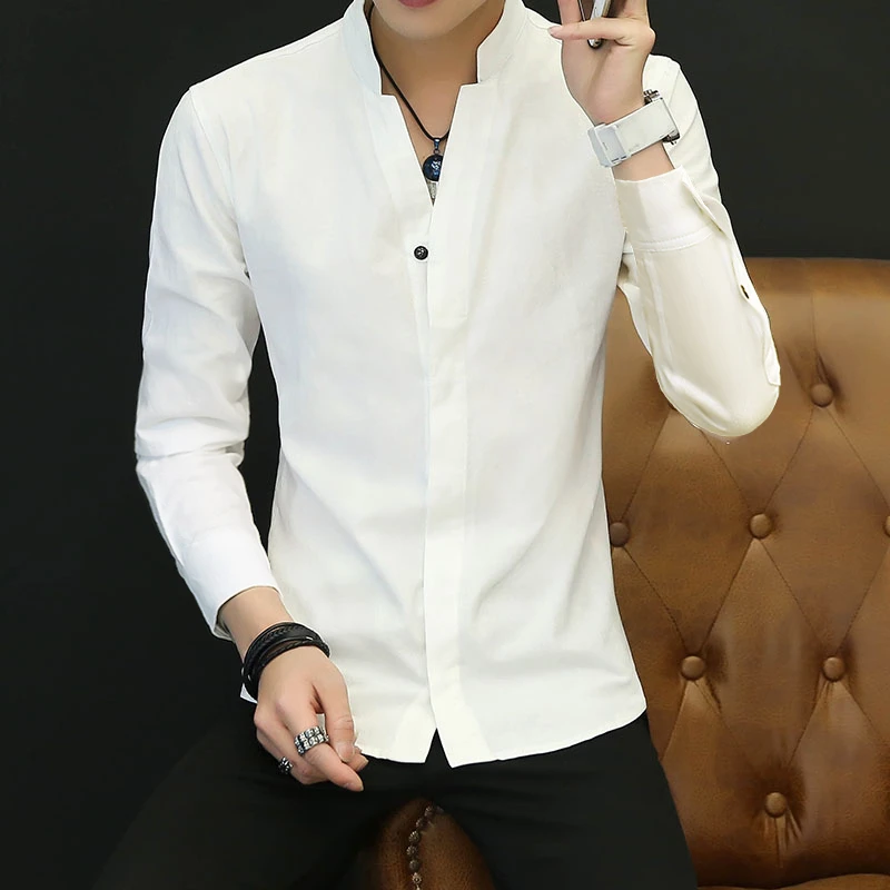 国风衬衫男春秋男士长袖修身衬衫寸衫复古立领衬衣休闲白衬衣