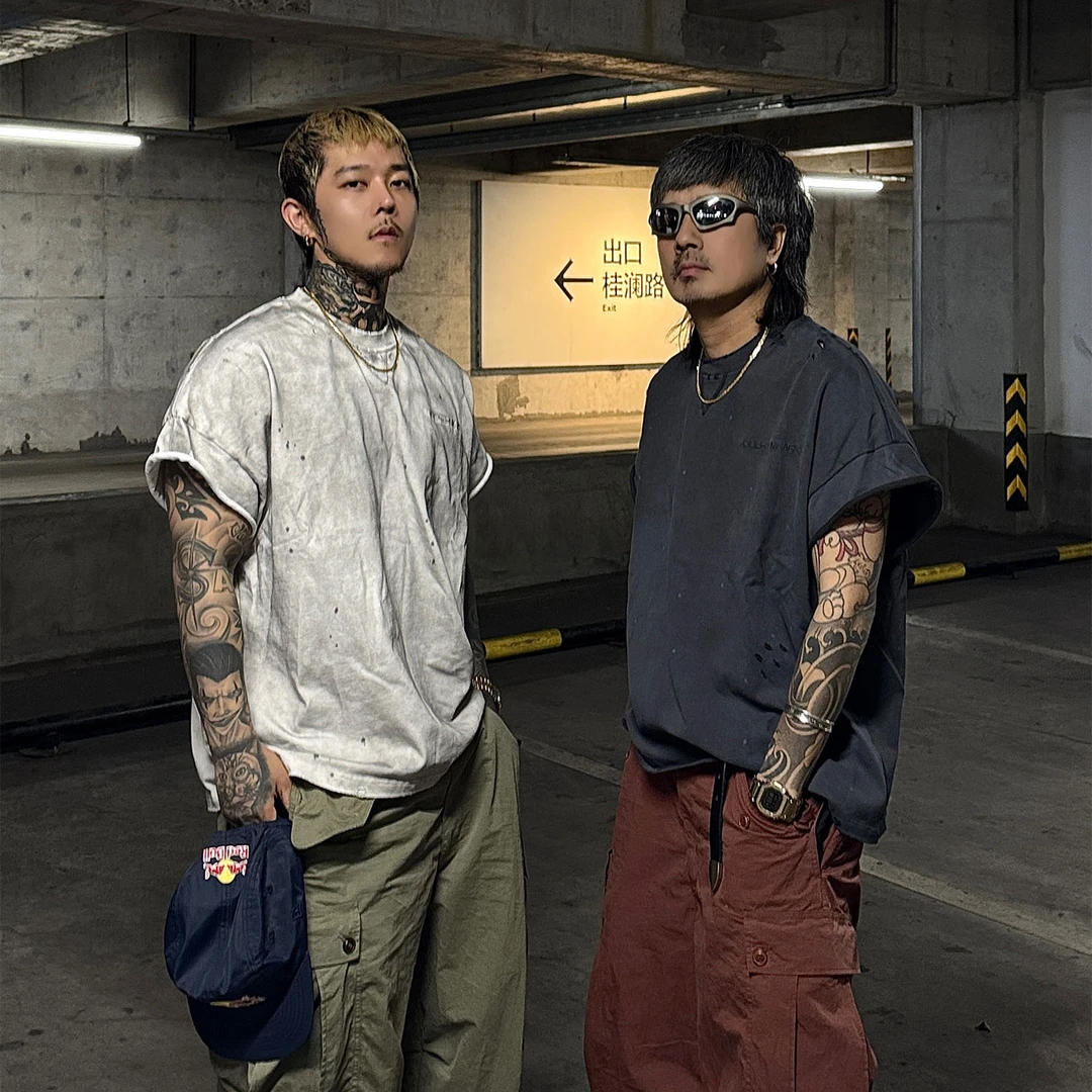 白鹤大人 美式380g纯棉高街坎肩短袖T恤做脏做旧无袖字母破洞上衣