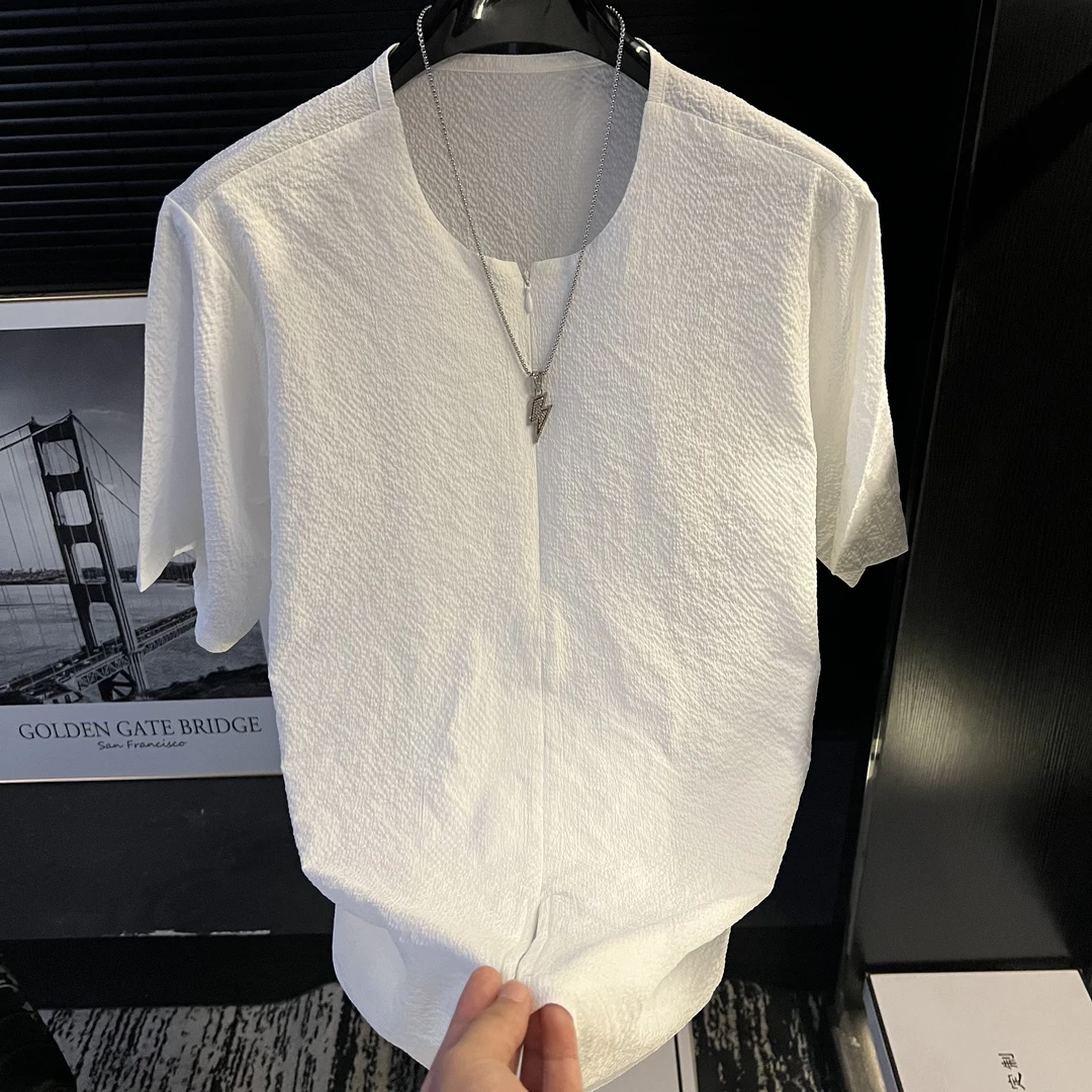 H-小香风无领套头短袖衬衫男高级垂感纯色免烫半袖衬衣