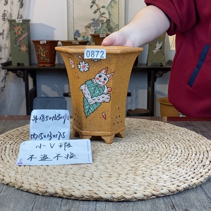 花盆紫砂  微瑕柴烧兔手绘六方0872