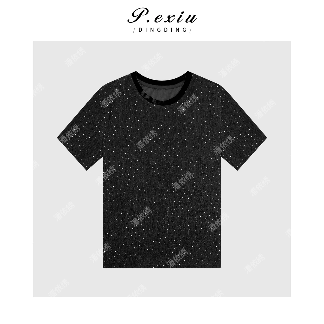 设计感亮丝烫钻圆领短袖T恤 Q56037