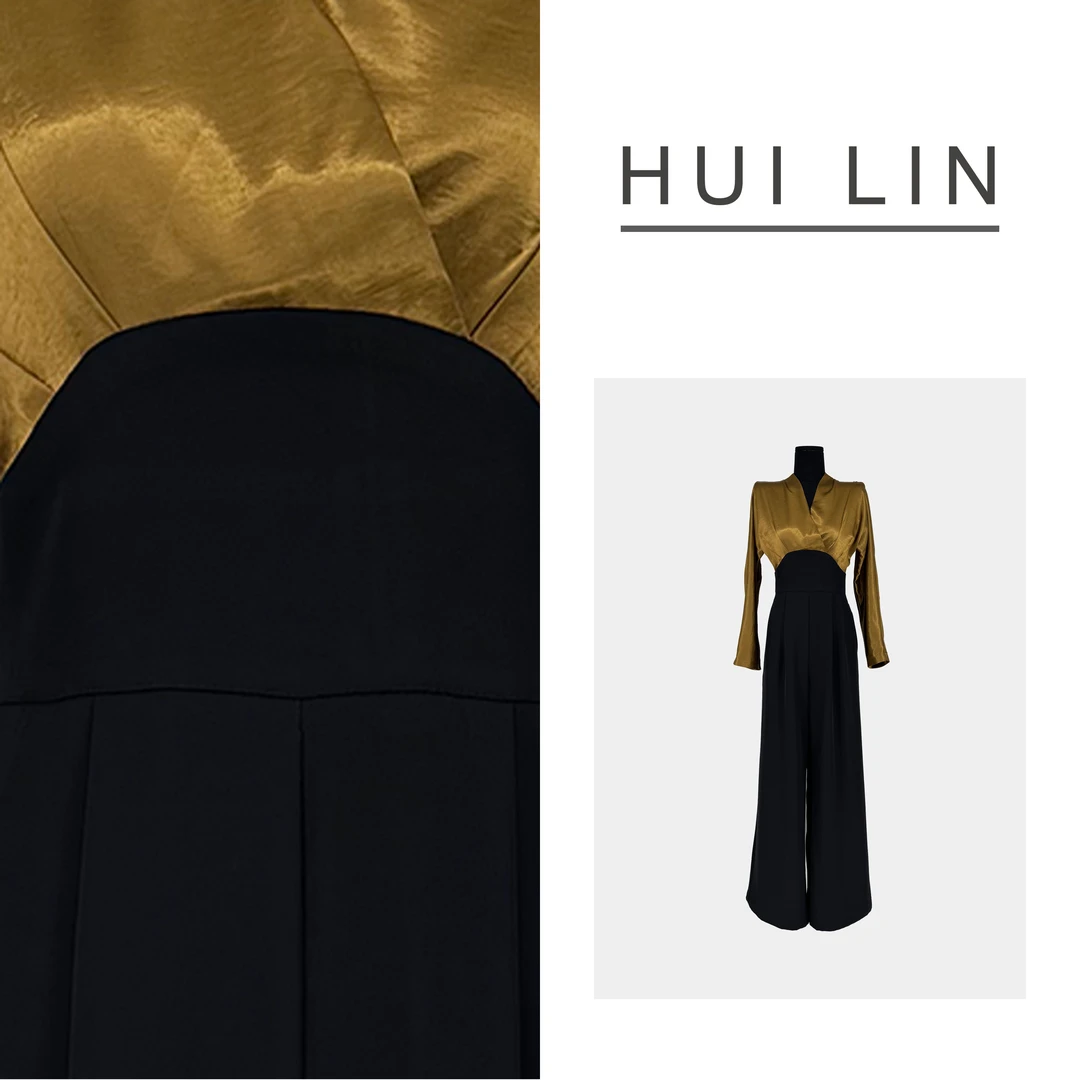 【春季新款】法式时尚显瘦蝙蝠袖高腰拼接直筒连体裤【25502】