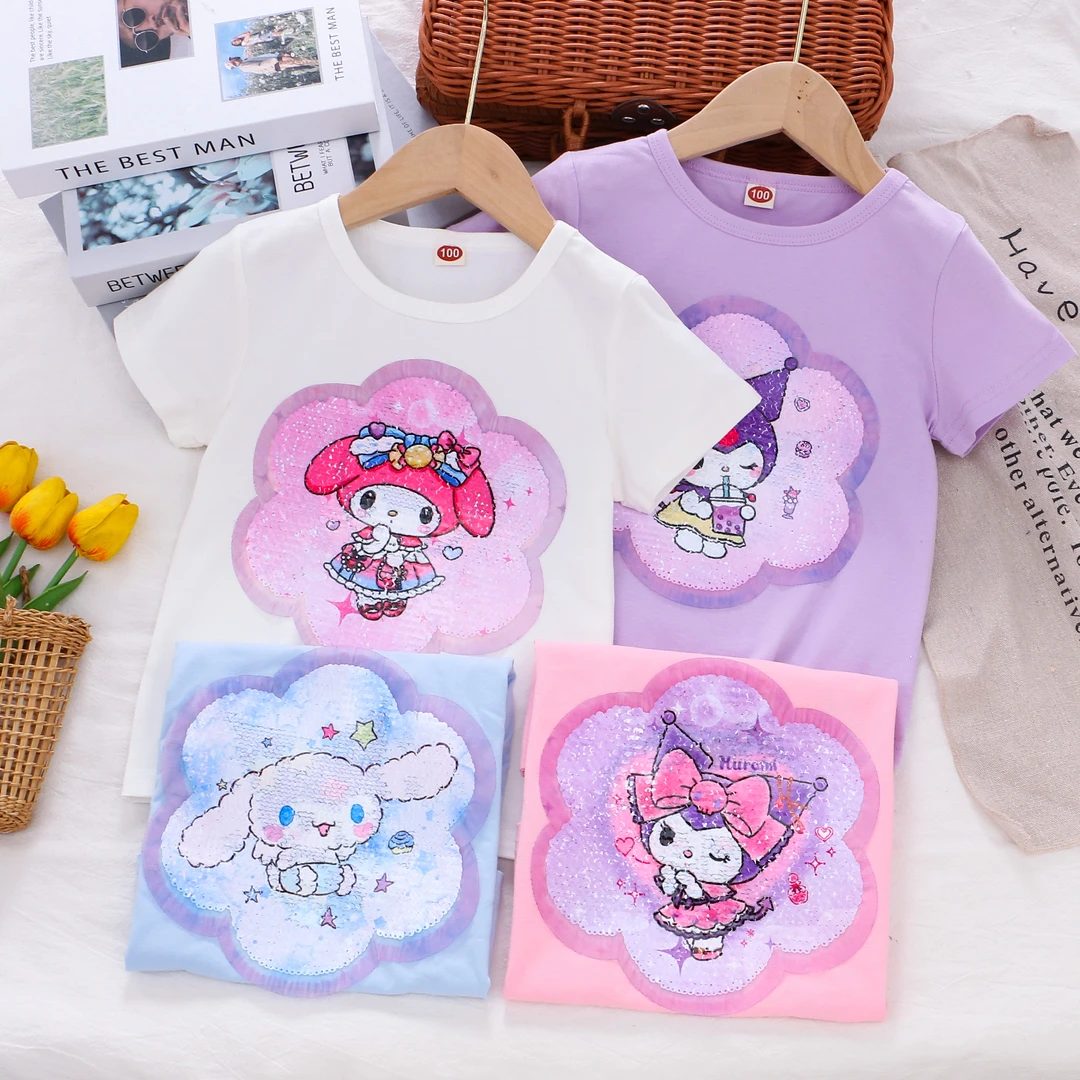 女童纯棉变色亮片短袖t恤 25夏款小女孩宝宝儿童装变脸薄半袖上衣