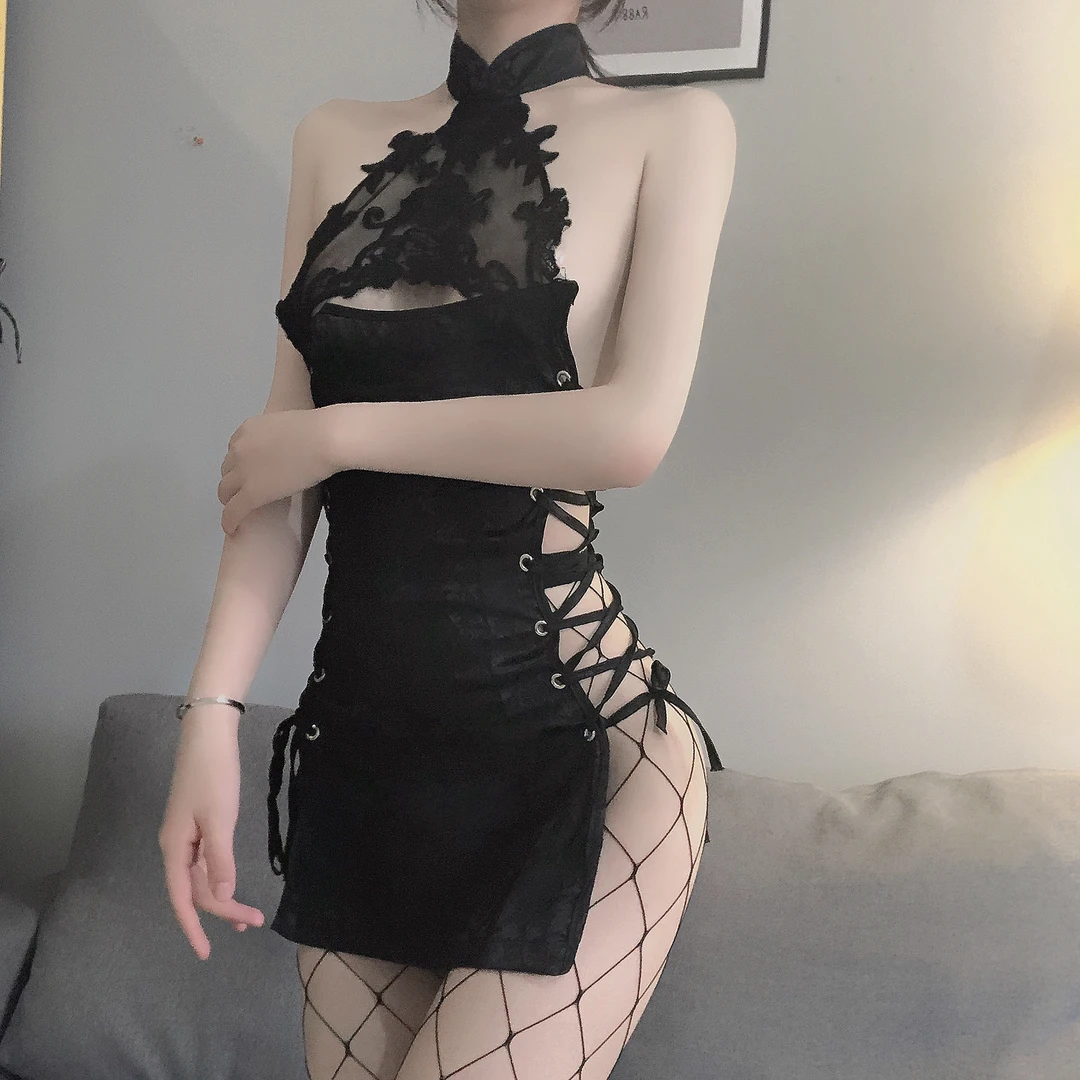 新中式改良旗袍性感蕾丝旗袍镂空开叉睡裙家居服