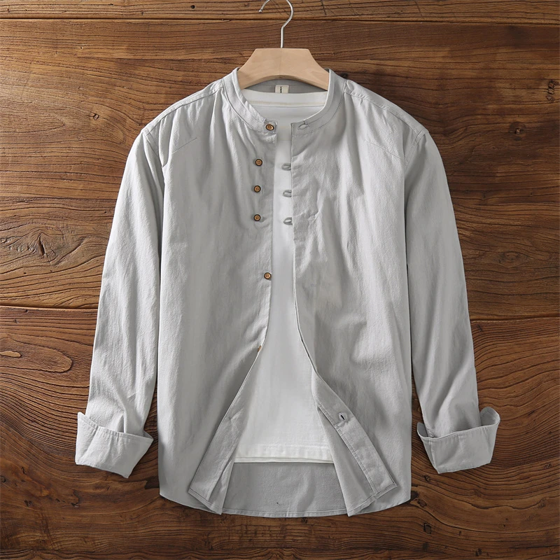 2025春夏装新款男士休闲亚麻衬衫复古中国风立领修身棉麻衬衣时尚