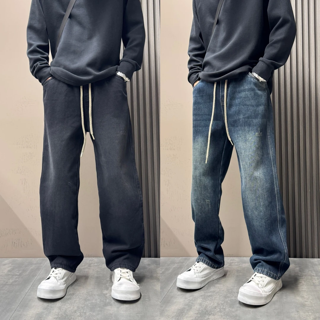 潮流复古痞帅加绒加厚水洗做旧牛仔裤男2025冬季新款显瘦直筒裤