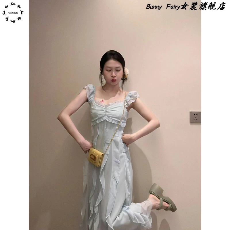 法式方领荷叶边雪纺吊带连衣裙仙女收腰气质高级感度假长裙子夏季