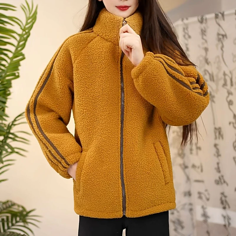 秋冬女短外套小香风保暖圆领外套休闲外套开衫羊羔绒立领加绒