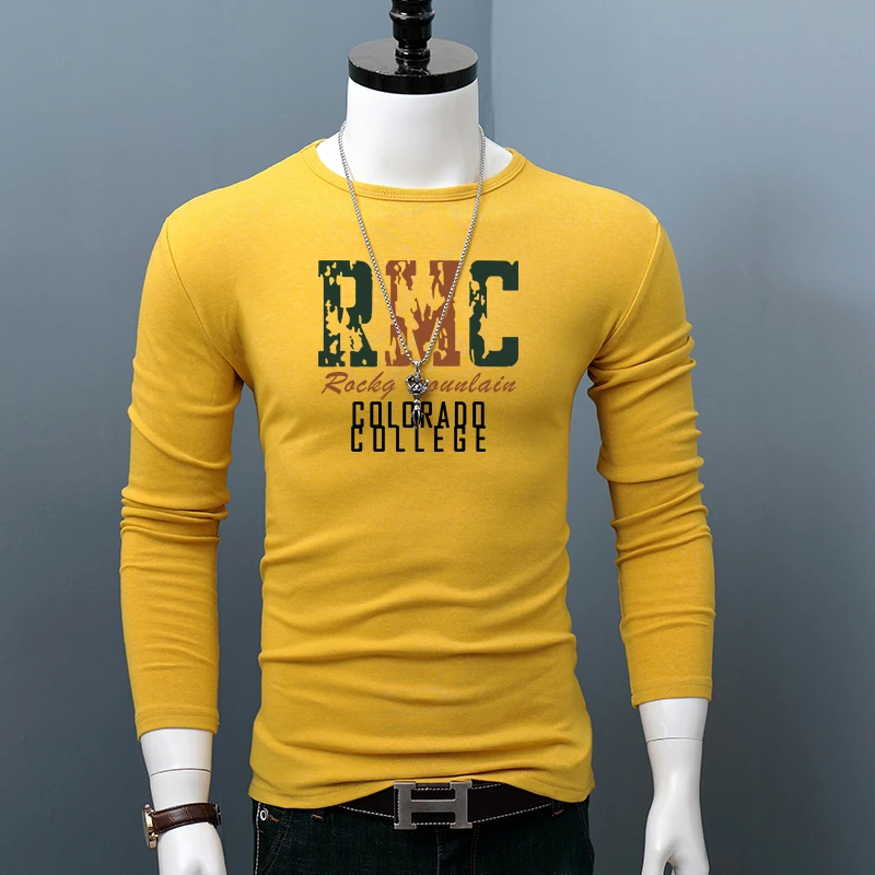 秋冬内搭舒适打底衫男士长袖加厚大码男装T恤圆领修身印花上衣服