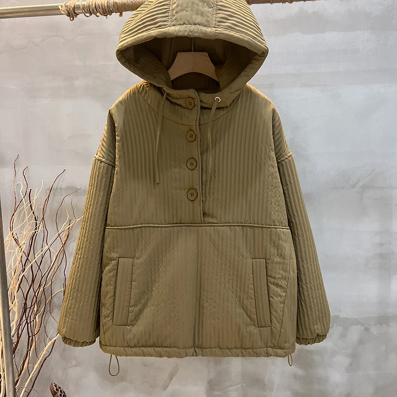 纯色夹棉连帽女棉服2024秋秋冬新款韩版百搭长袖休闲宽松套头外套