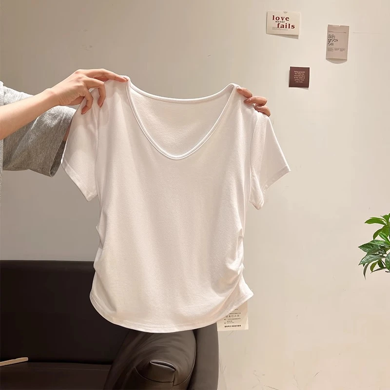白色纯欲V领露锁骨短袖T恤女2025春夏褶皱收腰辣妹打底小个子上衣
