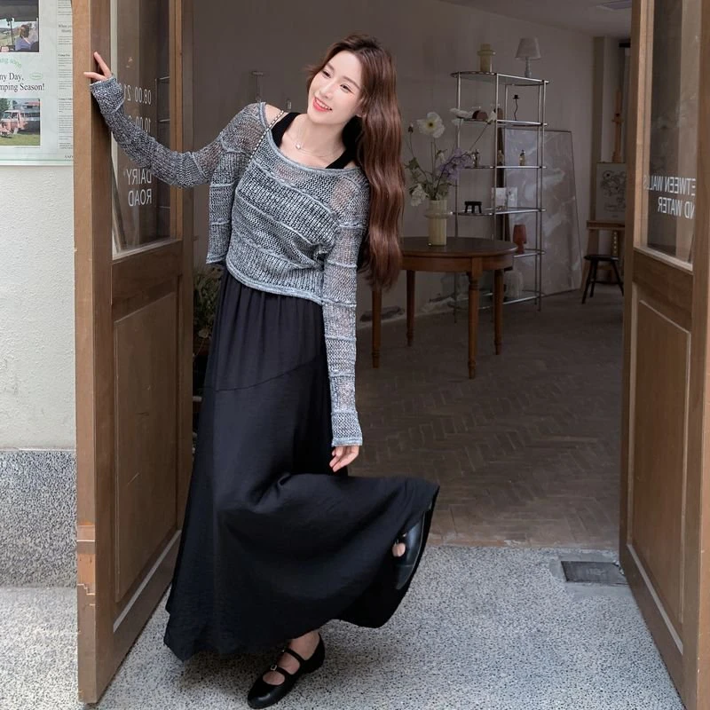 灰色针织罩衫吊带连衣裙套装2025新款女夏秋爆款清冷高级感两件套