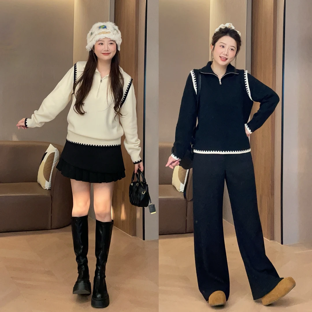 大萌萌 时尚百搭秋冬撞色翻领套头毛衣微胖显瘦针织衫P225X21867