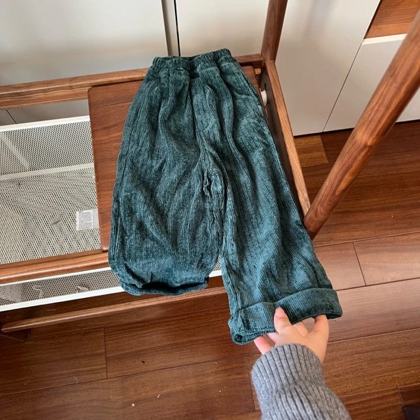 【编号S213】YQ509-05-儿童条绒卷边直筒裤深绿色-CC+