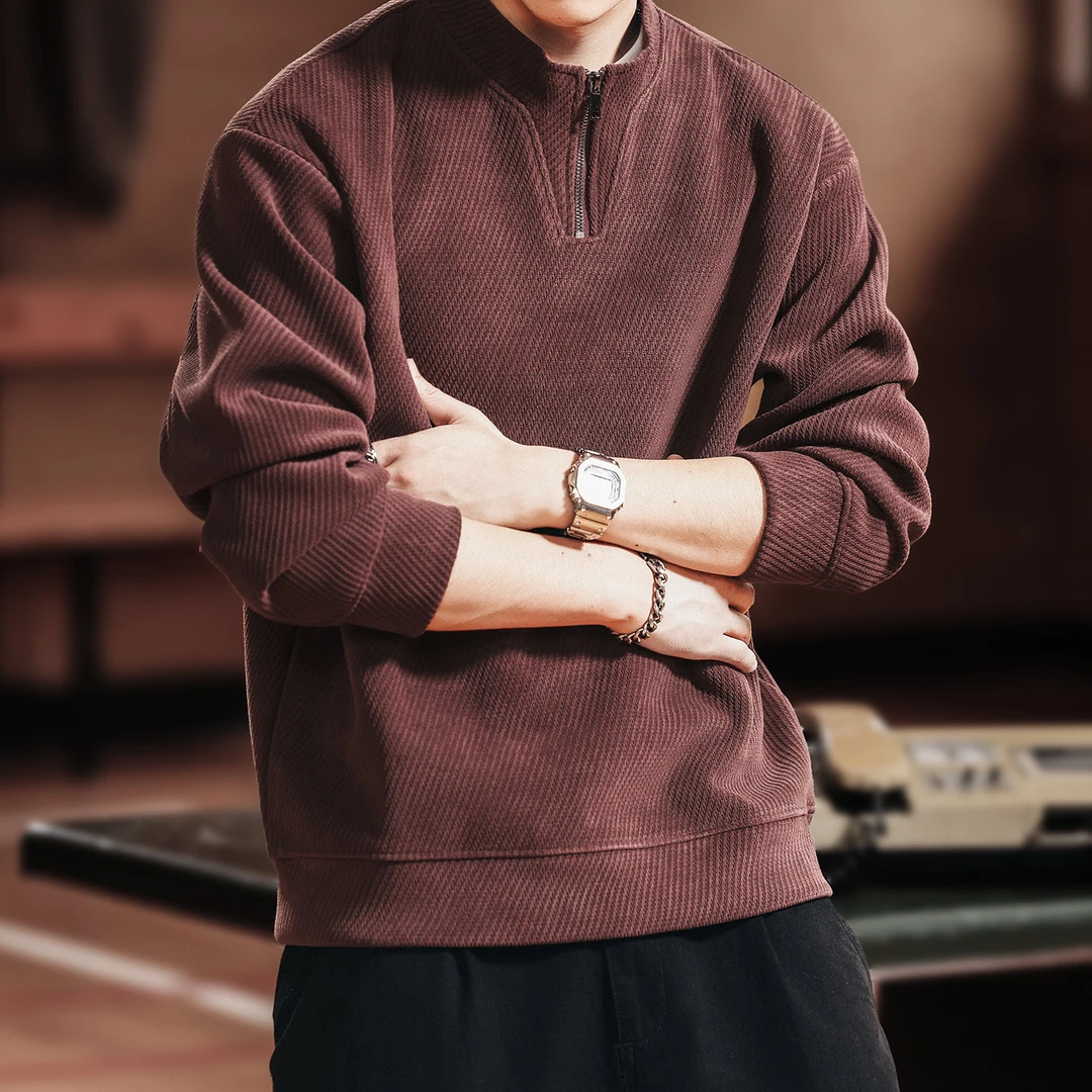 格蓝鹿美式复古半拉链立领卫衣男2025秋季新款肌理感宽松休闲外套