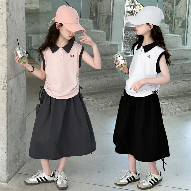 女童套装夏季2025新款小女孩POLO衫体恤背心夏天半身裙休闲两件套
