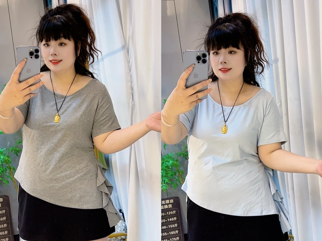 3191夏季短款大码女装新款荷叶边抽绳收腰短袖T恤宽松上衣显瘦