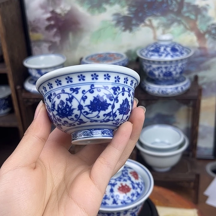 陶杯子青花缠枝莲小压手