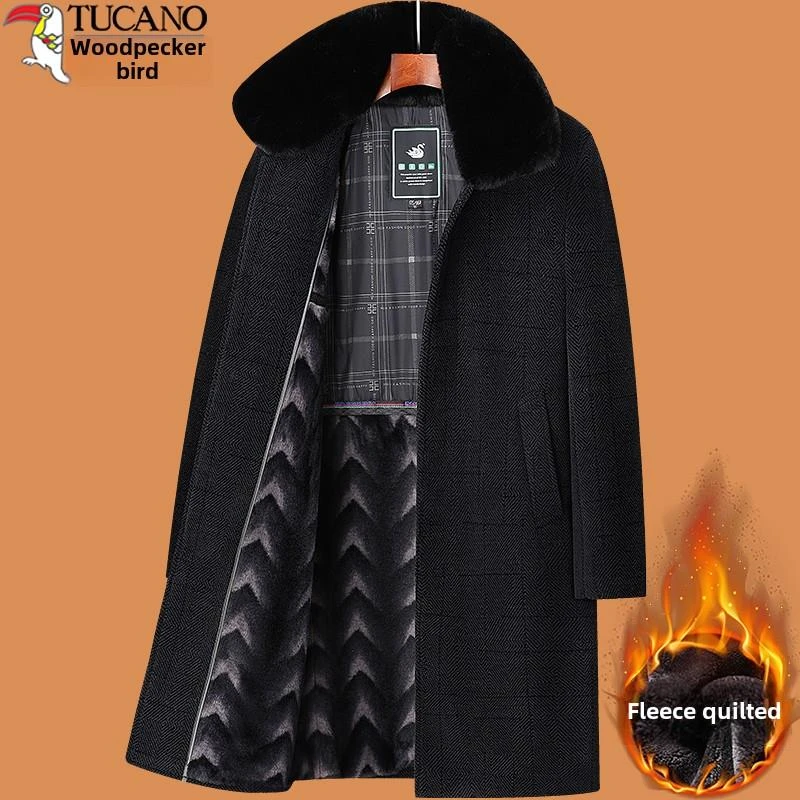 啄木鸟中老年人长款过膝大衣爸爸冬季60岁70加绒加厚80风衣外套男