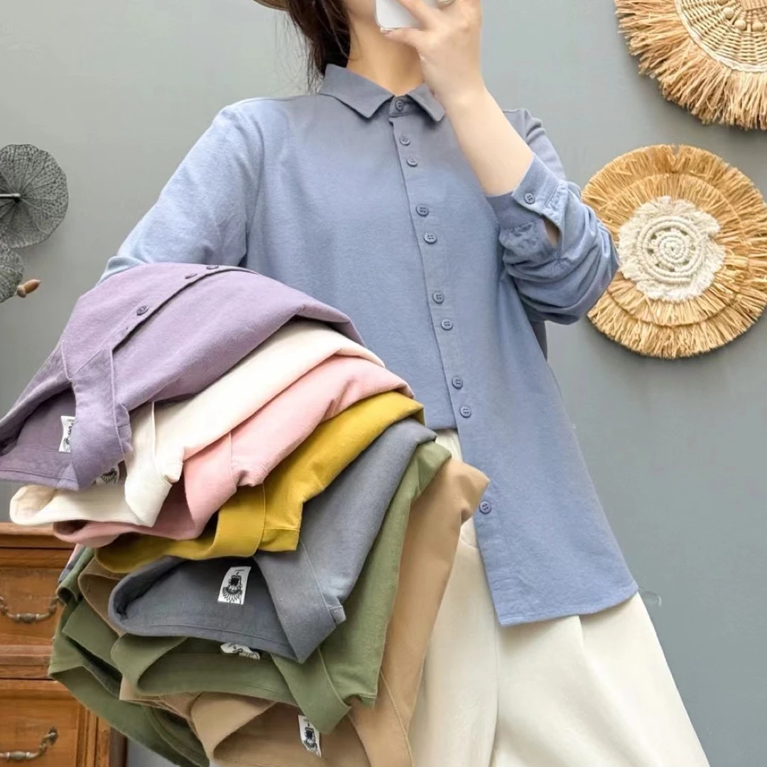 新款磨毛纯棉衬衫单排双扣休闲宽松韩版百搭显瘦内搭衬衣打底长袖