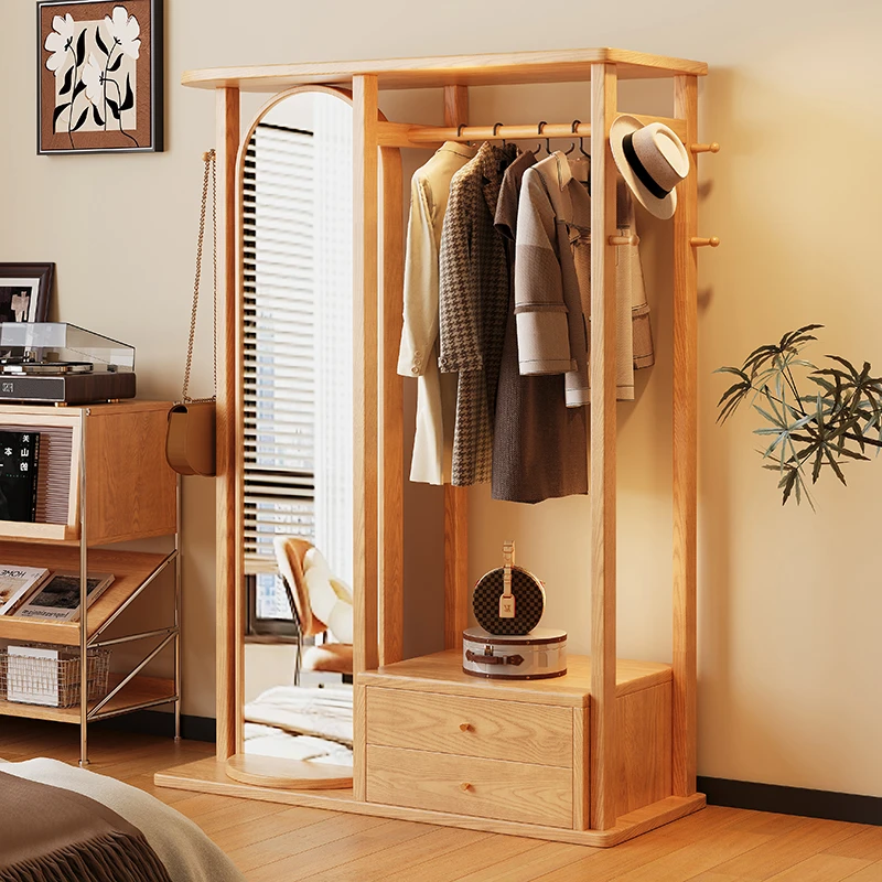 实木衣帽架落地卧室家用挂衣架带镜子入户可旋转穿杂志收纳柜一体