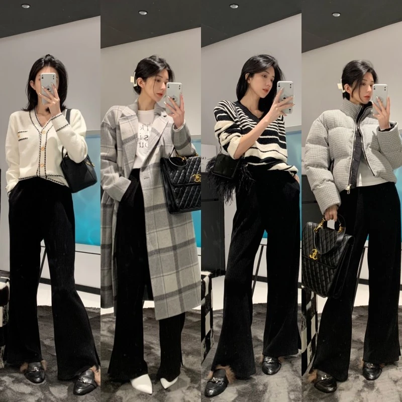 UKILAU【现货】时尚气质高腰显瘦宽松开叉坑条设计感休闲裤女秋冬