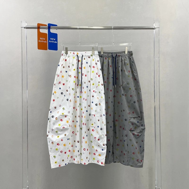 2025夏新款松紧腰抽绳印花薄料休闲裤女宽松显瘦阔腿弯刀裤25-273