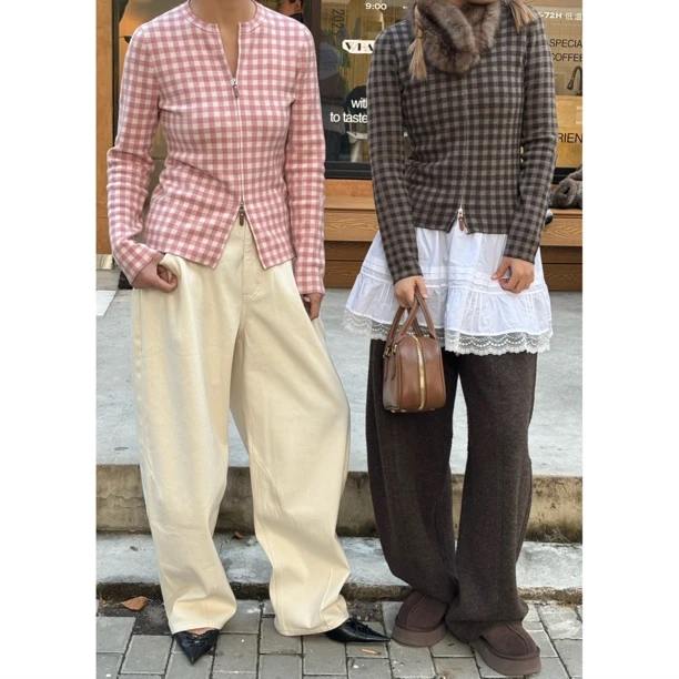 Nannanzhuo  设计师复古格子针织外套