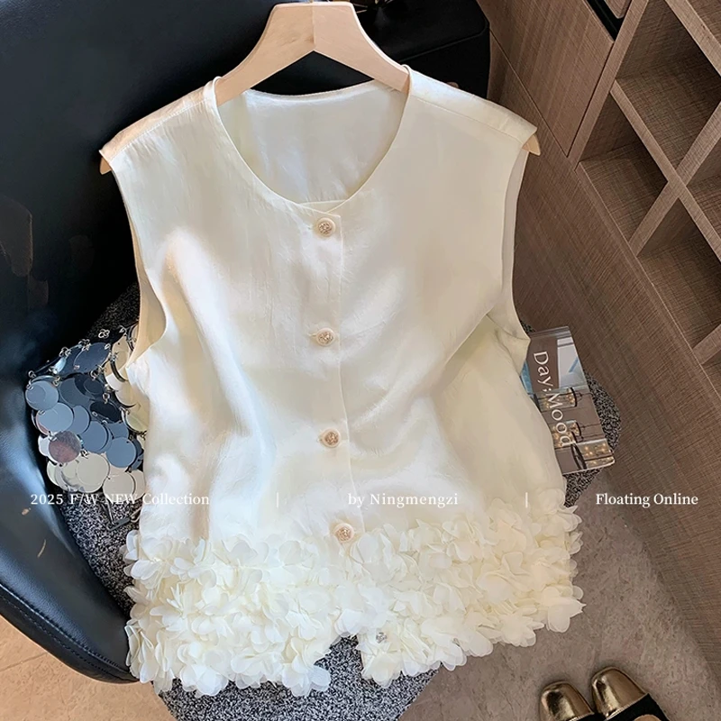 新中式立体花朵下摆醋酸无袖上衣女夏季新款高级感显瘦坎肩背心韩