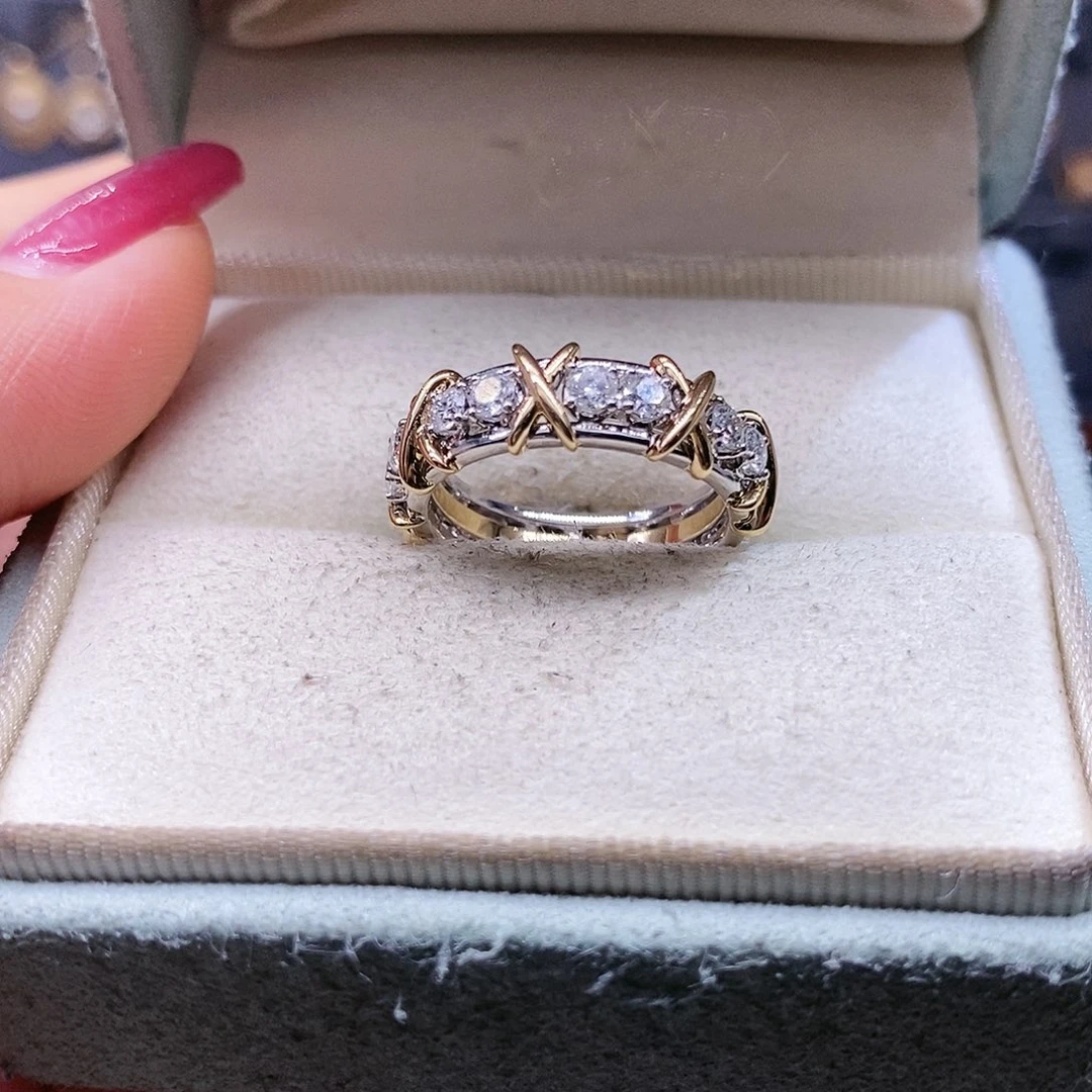 钻石18k金铂Pt950镶嵌双色十六石戒指宽版