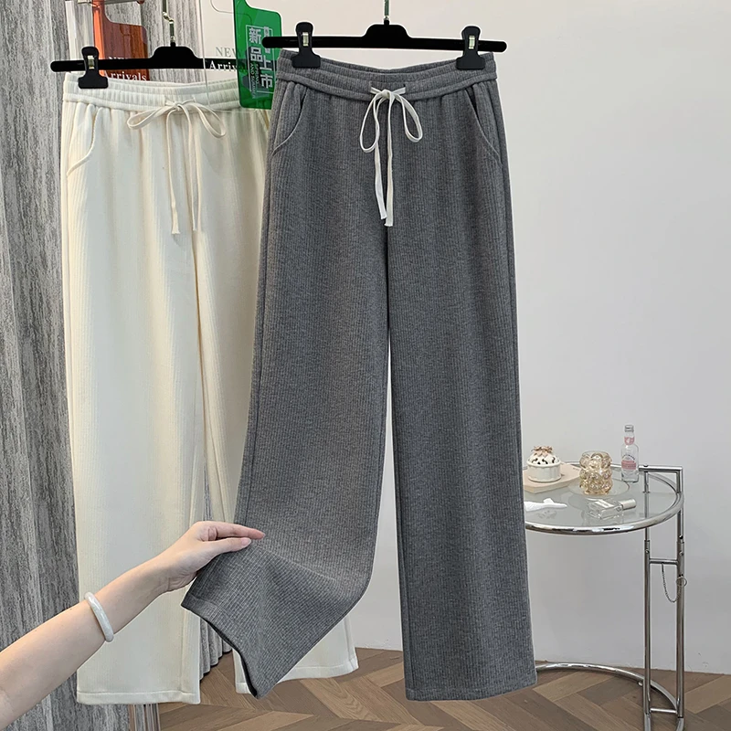 2025秋冬新款神仙面料糯叽叽超舒服高腰宽松休闲抽绳灰色阔腿裤女