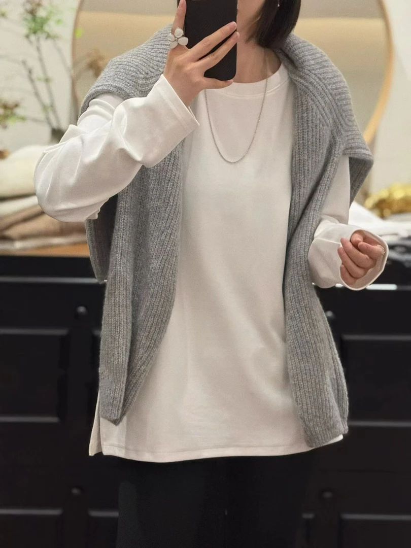 美娅MY 加绒磨毛白T上衣冬