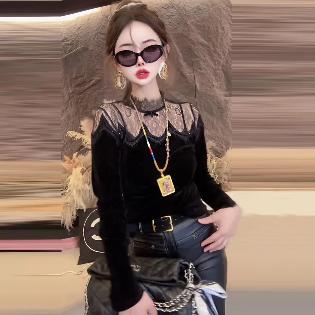 秋季新款时尚洋气法式蕾丝拼接烫钻轻奢黑色长袖上衣高级减龄显瘦