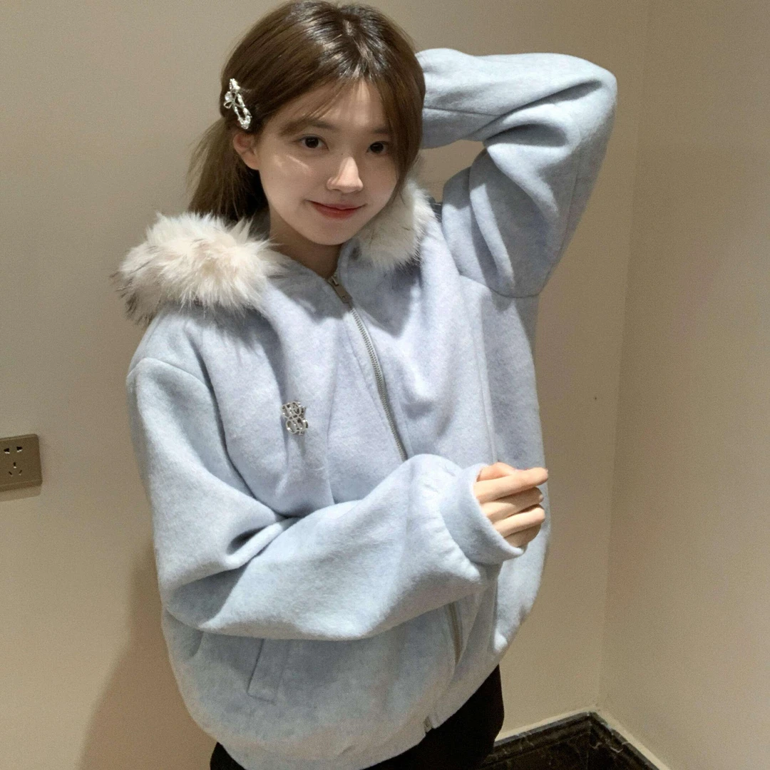 韩系复古毛领连帽拉链开衫卫衣女2025秋冬韩系高级感加厚慵懒外套