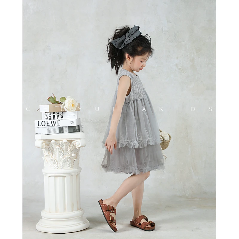 初羽家女童夏季新款2025凉感镂空拼纱连衣裙无袖公主裙洋气背心裙