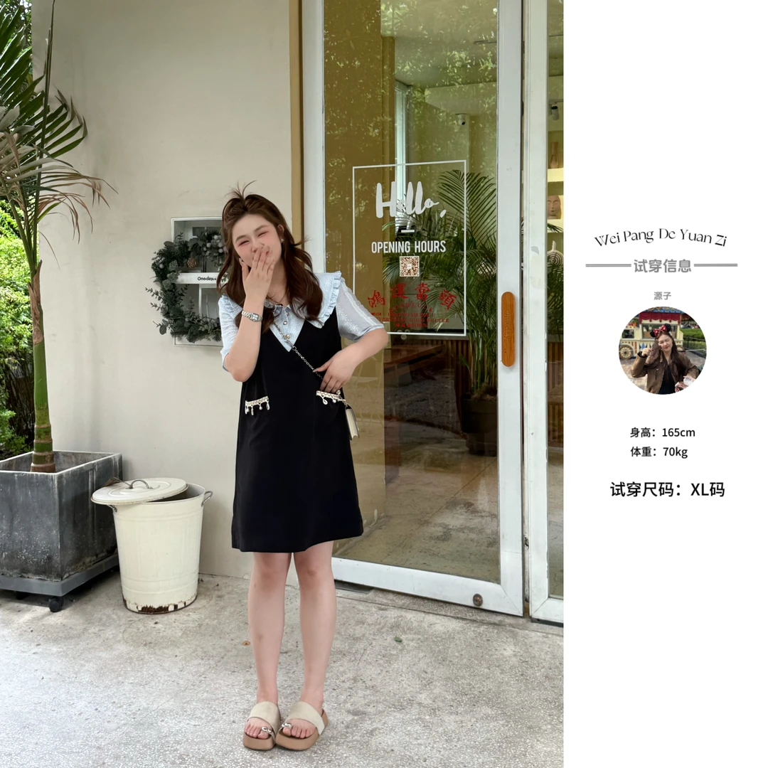 楠序微胖穿搭 娃娃领假两件法式连衣裙女夏季财阀千金女装YZ36387