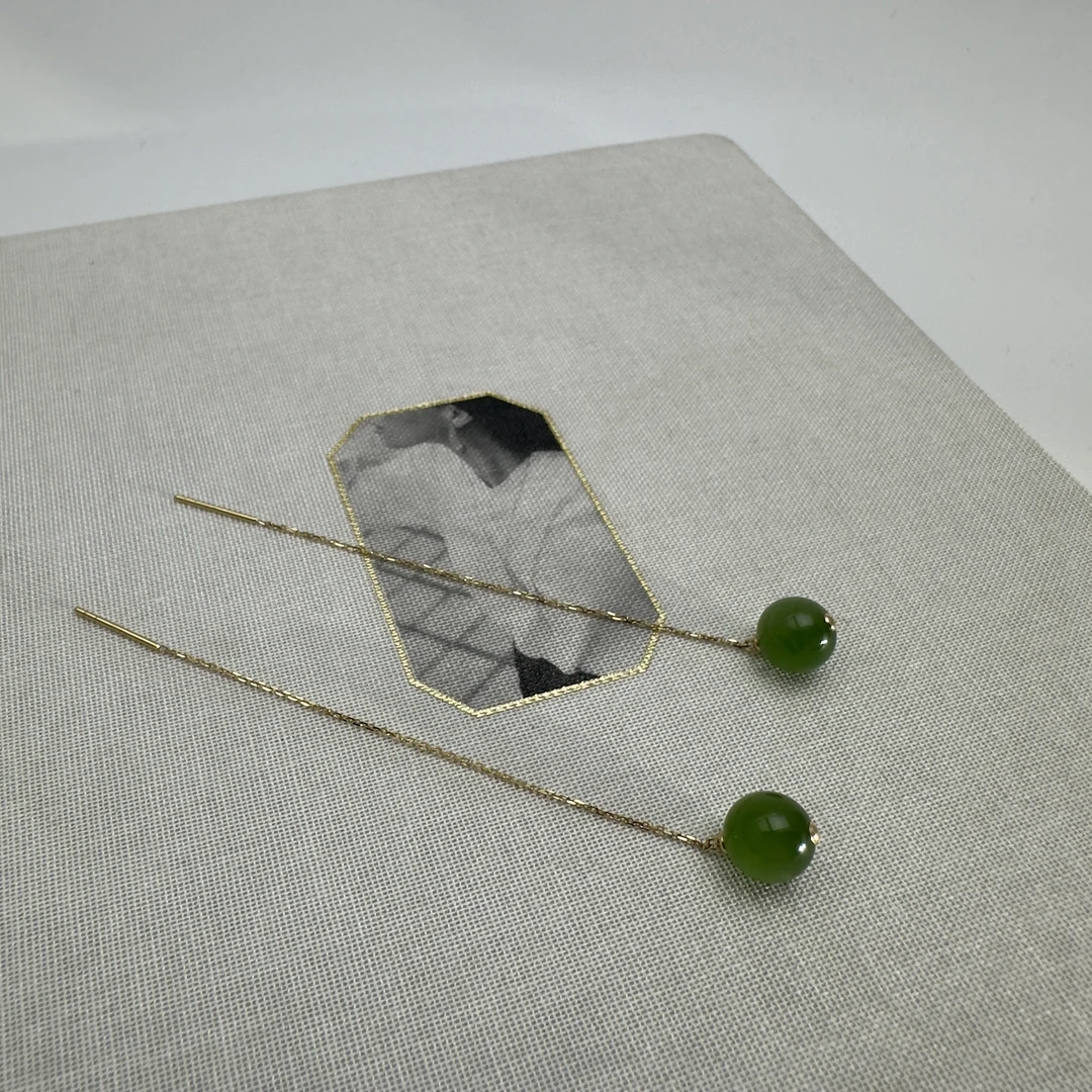 碧玉 18k金 耳链  圆珠耳线 5cm 修饰脸型