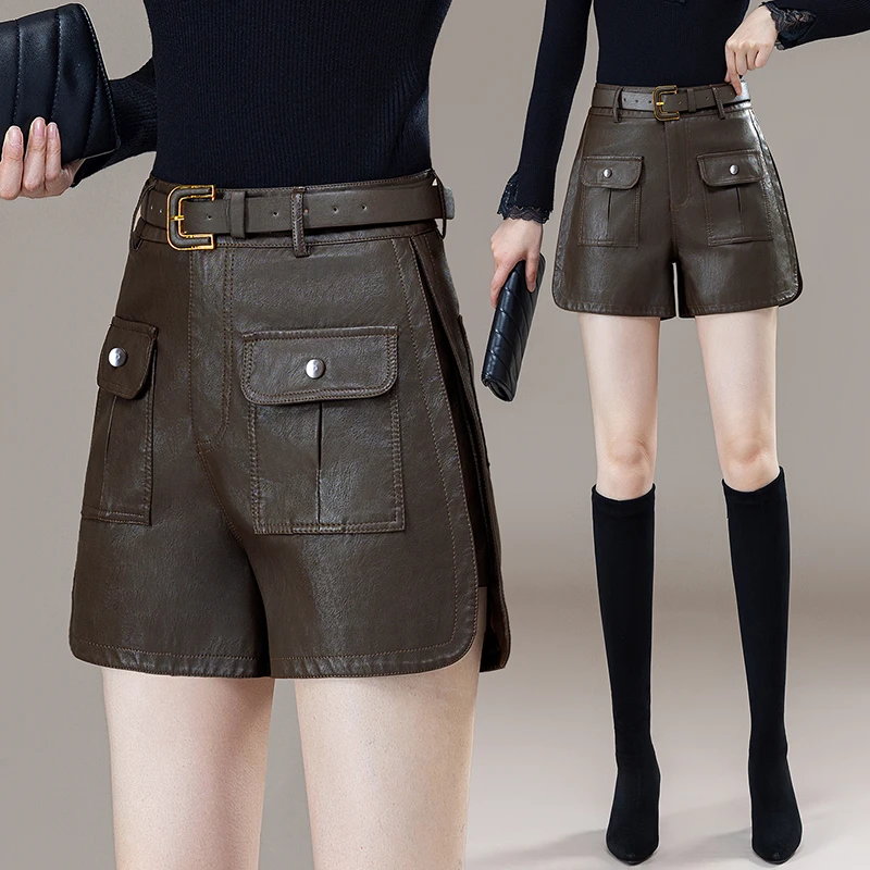 2025新款侧开叉高腰宽松显瘦外穿a字工装pu皮短裤女秋冬阔腿靴裤